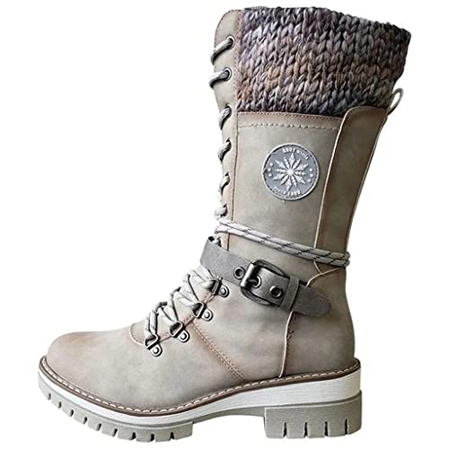 Cydmoty Women Buckle Lace Knitted Mid-calf Boots,...