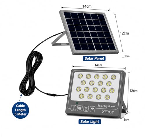 Image of XERGY 50W Solar LED Flood Light with Remote - 108 Bright LEDs, IP67 Waterproof Build, Smart Dusk-to-Dawn Sensor, 1200mAh Battery, Ideal for Garden, Home, Wall, Porch, Shed (5m Cable Included)