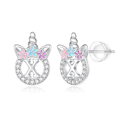 Birthday Gifts for Teen Girls - White Gold Plated Letter X Initial Unicorn Earrings for Girls Jewelry Unicorn Gifts 925 Sterling Silver Post Hypoallergenic Stud Earrings for Girl Teens Cubic Zirconia