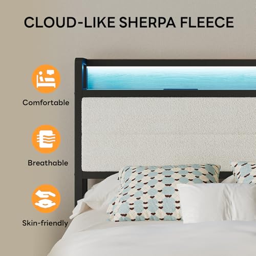 Image of LIKIMIO Twin Bed Frame with Storage Headboard & LED Lights, Metal Platform Bed with Charging Station, Noise Free, No Box Spring Needed, Under Bed Storage, Natural and Cream