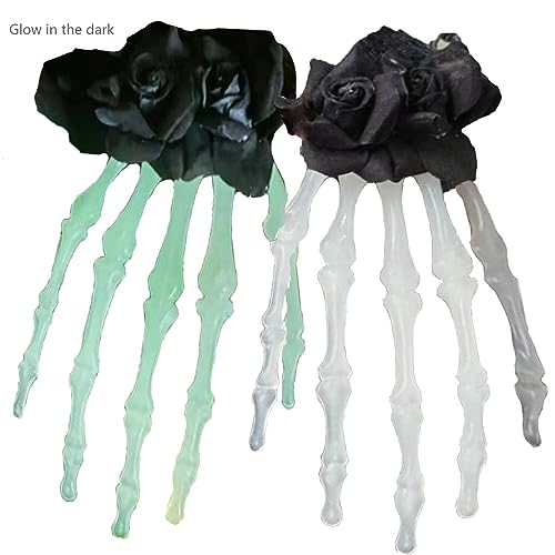 XNHIU Halloween Luminous Skull Rose Hairpin Ladies Gothic Black Rose Hand Bone Vampire Dress Up Scary Women's Hair Clips Masquerade Holiday Party Hair Accessories - Image 3