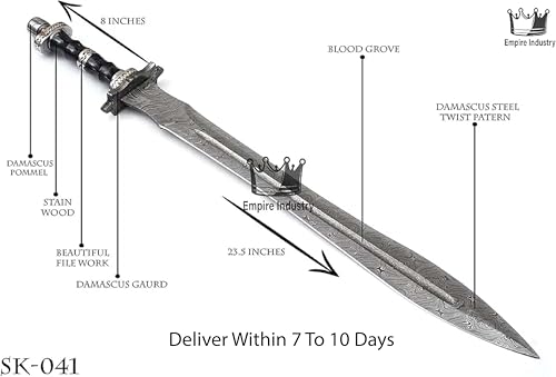 Empire - 32 Inch Long - Handmade Damascus Steel File Work Double Edge Viking Sword with Sheath - Pakka Wood Grip - Sharp Edges - Non-Slip Grip - Hand Forged Medieval Sword - Gift for Him