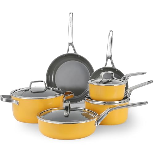 Image of MOSIECH 10-Piece Yellow Ceramic Nonstick Cookware Set, Pots and Pans with Glass Lids & Anti-Scald Handles, Non-Toxic PFAS Free, Dishwasher & Oven Safe up to 480°F, Induction & All Stoves Ready