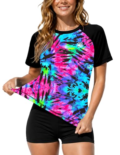 Image of AOBUTE Women Short Sleeve Rash Guard Gradient Sun Protection Swim Shirts