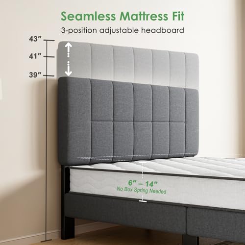 Image of Marsail Full Size Bed Frame with Headboard - Upholstered, Adjustable,6 inch-12 inch Mattress Fit, 1300 lbs Capacity, Sturdy 12-Leg Wood Construction, Easy Assembly, Dark Gray