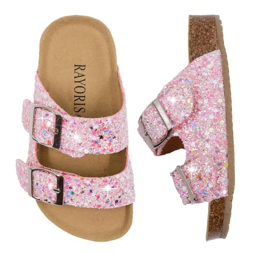 Girls Cork Footbed Slides Sandals Toddler Glitter Summer Non-slip Adjustable Double Buckle Sandals Kid Open Toes Casual Flat Slippers 5