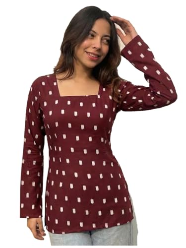 Image of ANNI Designer Women's Viscose Blend Printed Short Kurti | Straight Fit Casual Ethnic Top | Square Neck 3 /4 Sleeve Kurta Office College