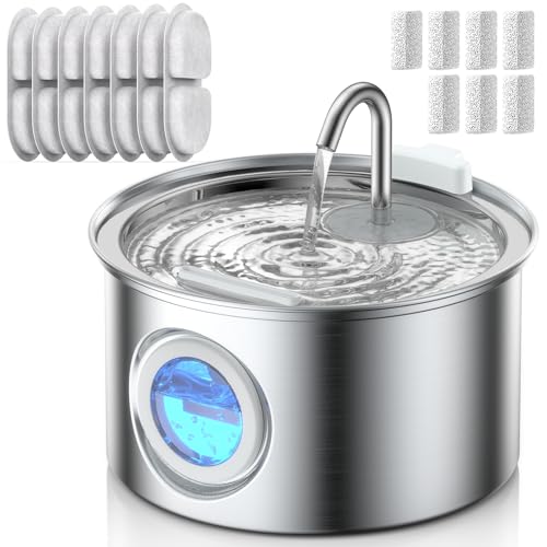 Stainless Steel Cat Water Fountain for Drinking, 2.5L Metal Pet Water Dispenser, Automatic Water Fountain Cat Bowl with Faucet, Ultra Quiet Pump and Water Level Window, Includes 7 Filters + 7 Sponge