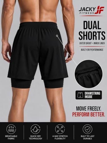 Image of Men's 2-in-1 Dual Layer Workout Shorts with Compression Liner, Phone Pocket, Quick-Dry Athletic Running Shorts for Gym, Training, Sports & Fitness