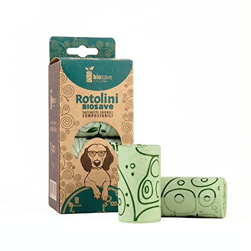 Sacchetti per Cani, 120 Sacchetti Ecologici Igienici Compostabili Biodegradabili per la raccolta della Cacca dei Cani, Spessi Resistenti non Lasciano Cattivi Odori Misura Bustine 23x30cm Spessore 17my