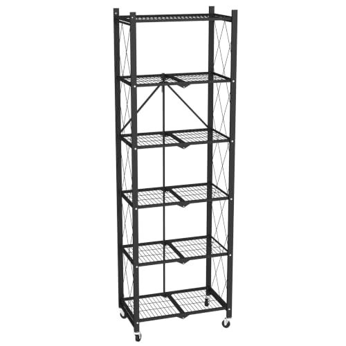 Image of black leopard 6-Tier Foldable Metal Storage Shelf with Wheels, Black