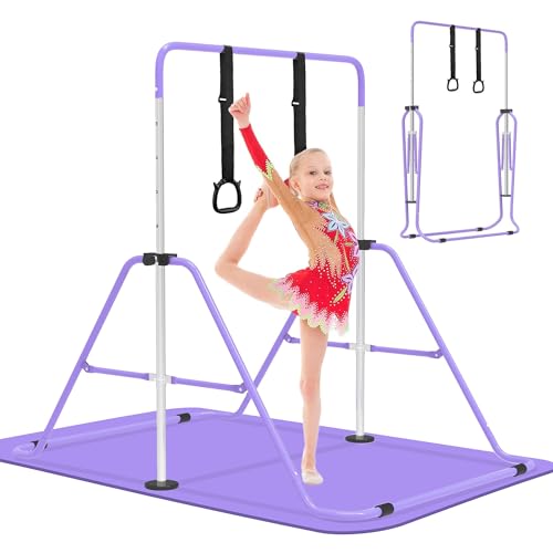 EVERYMILE Barres de Gymnastique avec Tapis, Barre Kip d'Entraînement Junior, Équipement de Gymnastique pour la Maison, Barre Horizontale Pliante Réglable en Hauteur avec Anneaux de Gymnastique