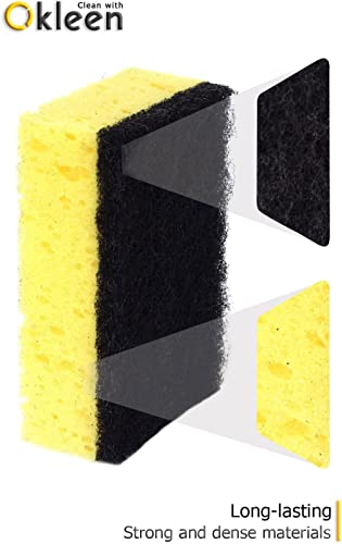 Image of Yellow Multi Use Scrub Sponge. Made in Europe. Large Pack of 18. 4.3x2.8x1.4 inches. Black Heavy Duty & White Non Scratch Fiber. Best Odorless & Durable Professional Scrubber for Commercial Use