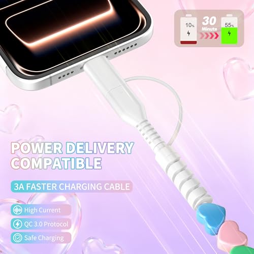 Image of Aolcev USB C Cable 66W 2 in 1 Multi USB to USB C Fast Charging Cable 3.3FT Beaded for iPhone Charger Star Beads USB Type C Charger Cord for iPhone 17 16 15 14 Pro Max Galaxy S25 S24 Colorful Hearts