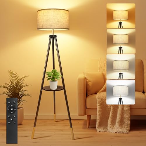 OUTON Lampada da Terra Treppiede in Legno, Piantana da Soggiorno Dimmerabile con Telecomando, 4 Temperature di Colore, Timer 1H, Lampade da Terra con Ripiani per Salotto, Camera,Ufficio(Nero Dorato)