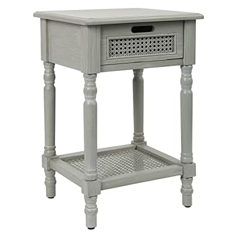 Function Home Small End Table, Boho Nightstand with Rattan Drawer Side Table and Shelf, Mid Century Modern Nightstand Wood Accent Table with Storage for Bedroom, Small Space, Entryway, Grey, Natural Cover