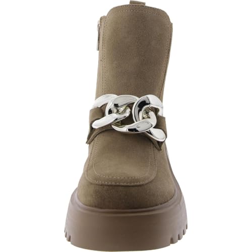 Steve Madden Cleo Taupe Suede Chunky Lug Sole Curb Chain Round Toe Ankle Boots