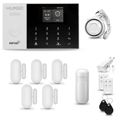 Alarmas para casa hogar WiFi + gsm con Sirena | Kit de Alarma inalámbrico con 1 Sensor de Movimiento y 5 alarmas de Puerta/Ventana | Alarma Tuya Smart Life | HUXGO® HXA005