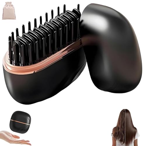 Glambrush Mini Hair Straightener Brush, 2-in-1 Cordless & Portable Hair Straightener and Volumizing Hot Comb, 30s Fast Heating, Anti-Scald, Plant Protein Coating, Ideal for Travel & Daily Use (BK)