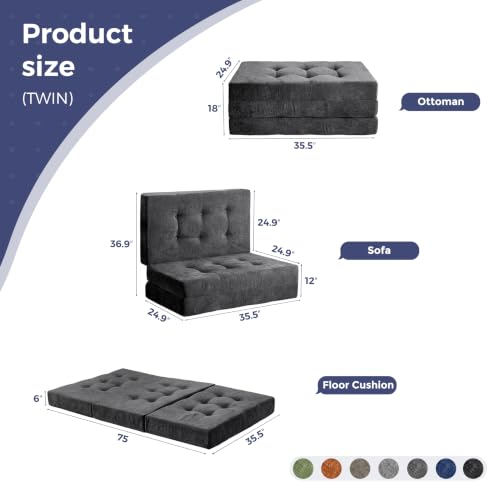 Image of MAXYOYO 6 inch Folding Sofa Bed for Floor, Tufted Tri-Fold Floor Mattress