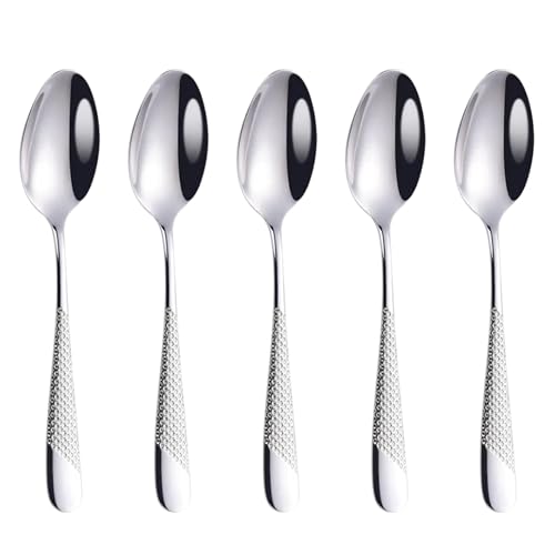 Image of Sterling Silver With Golden Handle French Style Silverware | 5-Piece Hammered Dinner Spoon Set | 18 /10 Stainless Steel Flatware | Elegant & Durable Cutlery for Home, Restaurants & Gifting