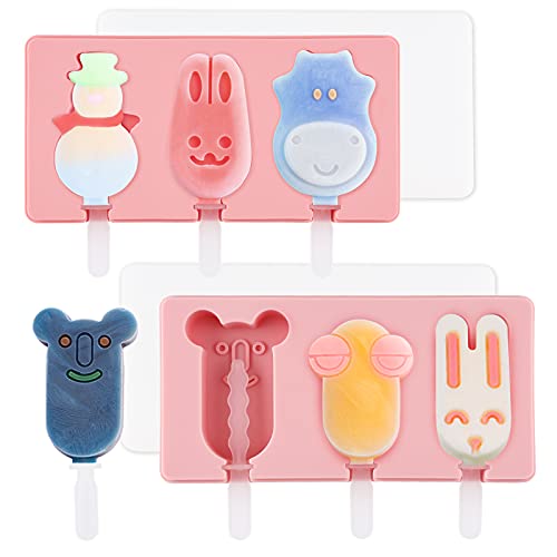 FPVERA Silicone Cake Popsicle Molds Set of 2 Reusable Food Grade with Lids and Sticks BPA Free 6 Cavities Ice Cream Molds Homemade Cartoon Animal Shape for Kids Adults DIY Ice Popsicle Dessert