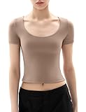 PUMIEY T Shirt for Women Short Sleeve Slim Fit Tops Scoop Neck Sexy Tee Women Clothing Latte Medium