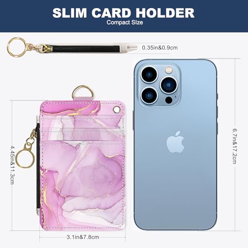 Slim Wallet Credit Card Holder, Pink Marble Pattern, RFID Wallet Women Cute Small Front Pocket Wallet With Zipper, PU Leather Thin travel RFID Blocking Card Case ID Window,Ladies Gifts3