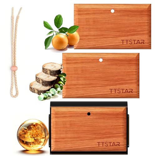 ttstar Car Air Freshener Long Lasting 3 Pack Wood Air Fresheners Refill for Men Women New Car Smell Scent Accessories Odor Eliminator Cleaner with Metal Clip for Vehicle Visor(Teak, Amber& Grove)