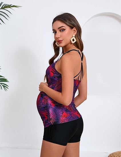 Maacie Maillot De Bain De Maternité Deux Pièces avec Cordons De Serrage Latéraux Dos Nu Plante Violette XXL