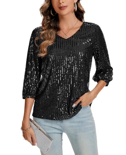 LADI TREND Women's Sparkle Sequin Party Top Glitter V-Neck Tee Concert Blouse Casual 3/4 Sleeve Shirt *Black,Size L*