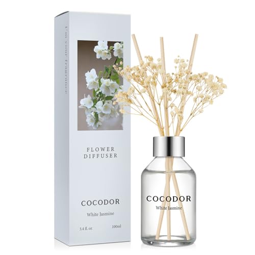 COCODOR Flower Reed Diffuser Set / 3.4oz / White Jasmine/Scent Diffuser with Sticks Home Fragrance Reed Diffuser for Bathroom Shelf Decor