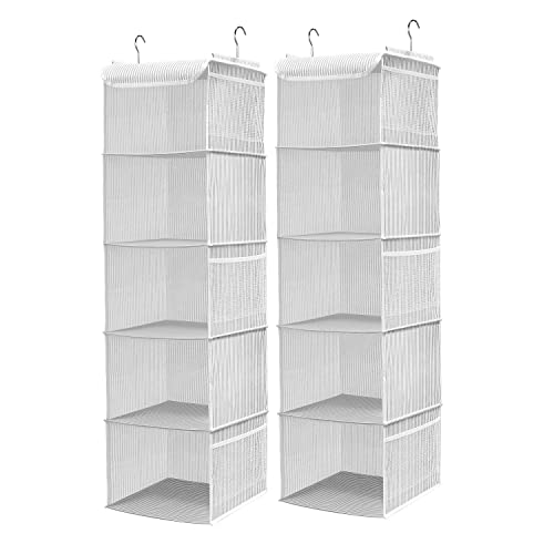 Image of BrilliantJo Hanging Storage with 5 Shelf Set of 1 Wardrobe Closet Organiser, Storage Rack Unit with 6 Pockets for Clothes - (Grey Strip, 5-Shelf)