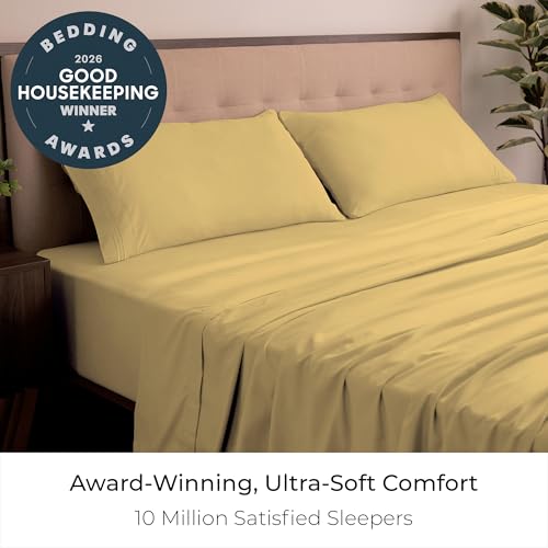 Image of Mellanni King Sheets Set - 4 PC Iconic Collection Bedding | Hotel Luxury, Extra Soft, Cooling Bed Sheets - Wrinkle, Fade, Stain Resistant (King, Yellow)