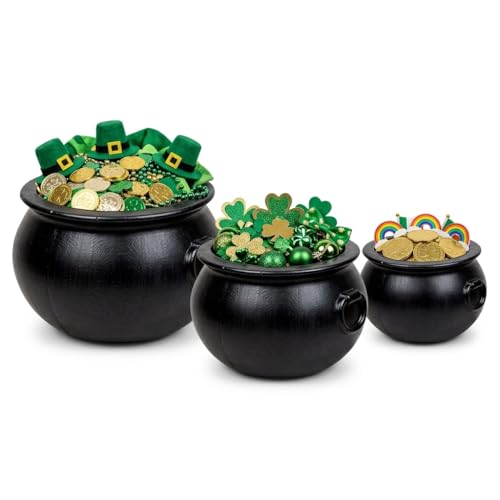 PMU 3pc- 10', 8', 6' St. Patrick's Day Pot of Gold bucket Black Plastic Cauldron For St. Patrick's Day Leprechaun & Mardi Gras Party Decoration Supply Accessory