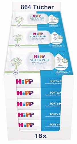 HiPP Soft & Pur Feuchttücher 864 Stück (18 x 48) hochverträglich 99 9% Wasser ohne Parfum ideal für trockene hochsensible Babyhaut auch bei Neurodermitis-Neigung