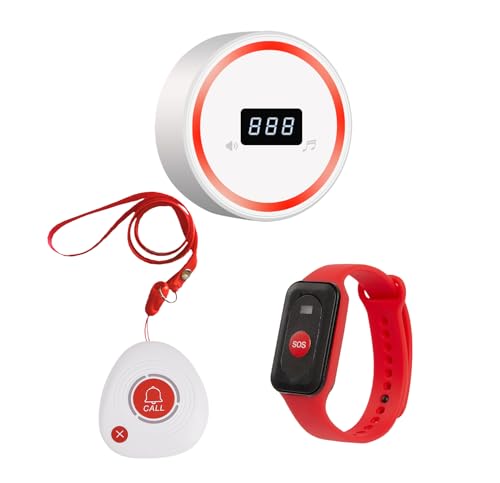 Wireless Caregiver Pager Call Button Emergency Calling System 328 Feet 1 Call Button/1 Watch Button/1 Receiver Nurse Alert System for Elderly Patient Disabled (1 Red H1+1 3DB+M2)