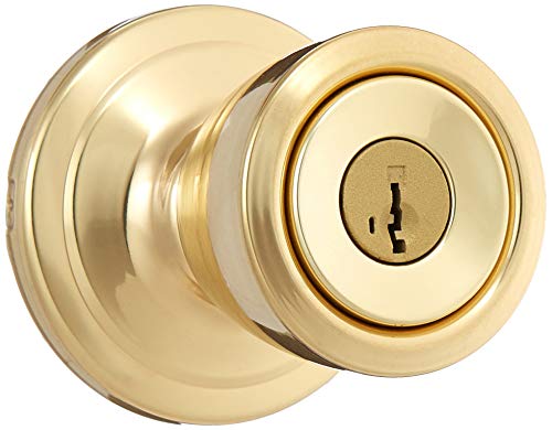 Kwikset Abbey Entry Door Knob with Lock and Key, Secure Keyed Handle Exterior, Front Entrance and Bedroom, Polished Brass, Pick Resistant SmartKey Rekey Security