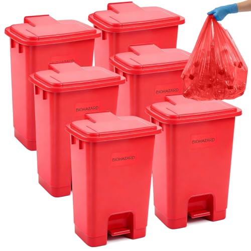 Geiserailie 6 Set 5.3 Gallon Biohazard Trash Can with Foot-Operated Self-Closing Lid, Biohazard Labels & Bags for Lab Industrial Infectious Waste Disposal, Step to Open, Step Again to Close