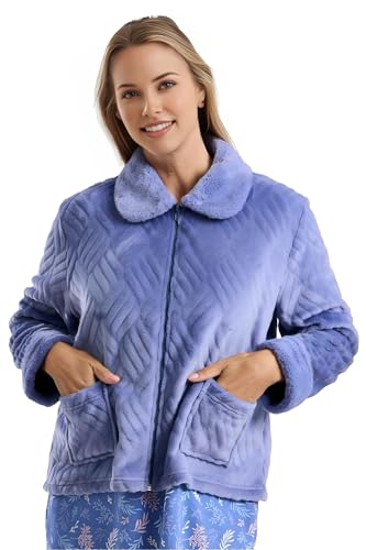 INSIGNIA Womens Luxury Supersoft Fleece Bed Jackets Short Gowns Tops (UK, Alpha, L, Regular, Regular, Denim Faux Fur Collar)