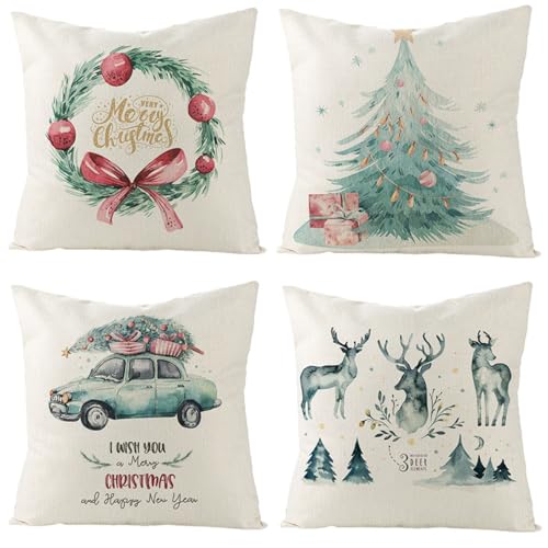 Generisch MTKN Funda de cojín decorativa navideña, 40 x 40 cm, juego de 4 unidades, color blanco y fibra de poliéster, funda de almohada decorativa, cojín de Navidad, invierno
