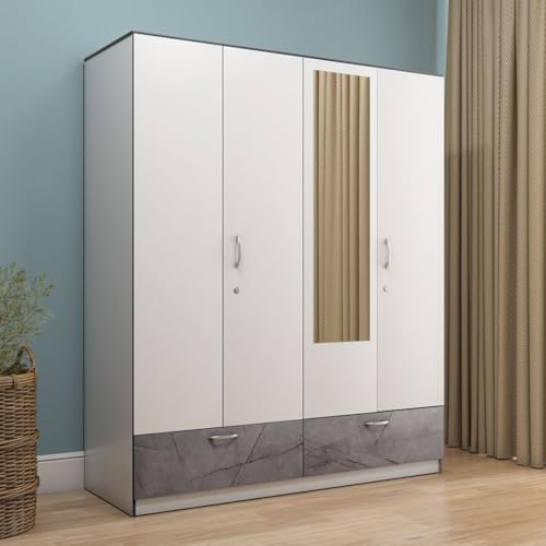 Nilkamal Marbito 4-Door Wooden Wardrobe with Mirror for Bedroom|Engineered Wood Build|Clothes Cupboard|2 Drawers with Marble Finish|Hanging Rod, A Lockable Drawer & 8 Shelves for Storage|Frosty White
