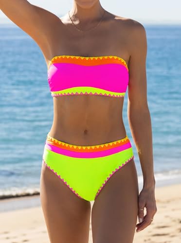 popvil Women's Neon Color Block Bandeau Swimsuits Strapless Bikini Sets Two Piece Bathing Suits4