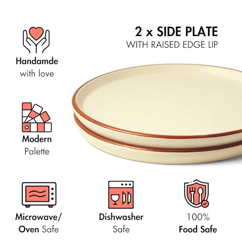Image of Ceramic Qaurter Plates, 2 Pcs | Dessert Plate | Side Plate with Rim | Microwave, Oven Dishwasher Safe | Stoneware Set of 2 Quarter Plates | (Vanilla Biscuit, Side Plate)