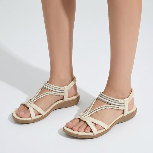 Image of UBFEN Womens Bohemian Flat Sandals With Back Strap Summer Beach Comfortable Bling