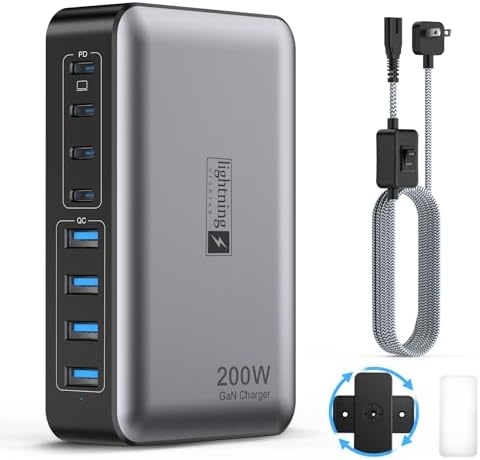 USB C Fast Charger Block 200W, 8 Ports Charging Station for iPhone/Ipad/MacBook, 4C4A GaN Charger Box, Flat Plug Multi Chargers for All Devices 5ft Braided Power Cord with On/Off Switch