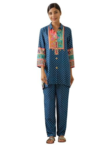 Image of Women's Printed Silk Blend Co-Ord Set Long Sleeves Shirt and Trouser Set for Women | Ethnic Co-Ord Set (RWDROUT1026)