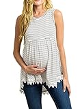 Xpenyo Womens Maternity Tank Top Sleeveless Lace Crochet Trim Peplum Cami Shirts White Pinstripe L