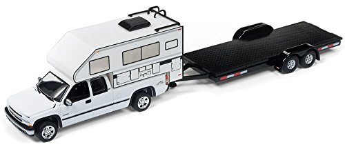 2002 Chevrolet Silverado White with Camper and Car Trailer Limited Edition to 4720 pieces Worldwide 