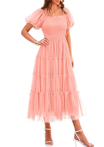 PRETTYGARDEN Women's Smocked Midi Tulle Dress 2026 Summer Puffy Short Sleeve Square Neck Ruffle Wedding Guest Party Dresses (Coral Pink,Large)